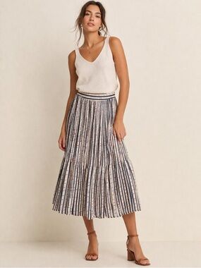 🌺 Maison Jules Pleated Midi Skirt – Confetti Stripe